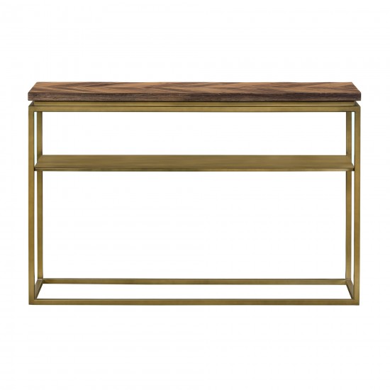 Faye Rustic Brown Wood Console Table with Shelf and Antique Brass Metal Base