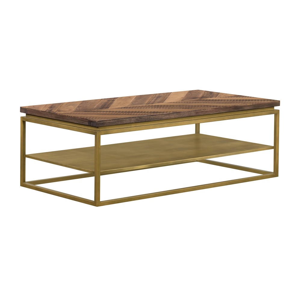 Faye Rustic Brown Wood Coffee Table with Shelf and Antique Brass Metal Base Faye Rustic Brown Wood Coffee Table with Shelf and Antique Brass Metal Base
