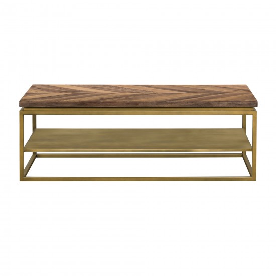 Faye Rustic Brown Wood Coffee Table with Shelf and Antique Brass Metal Base