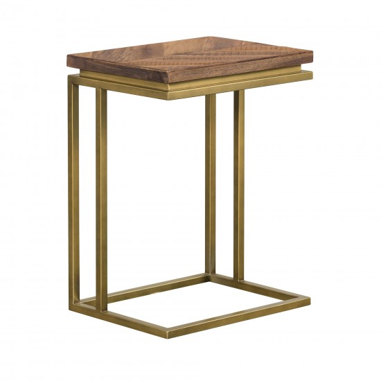 Faye Rustic Brown Wood C-Shape End table with Antique Brass Base