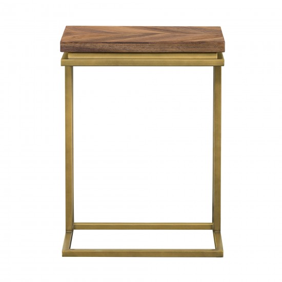 Faye Rustic Brown Wood C-Shape End table with Antique Brass Base