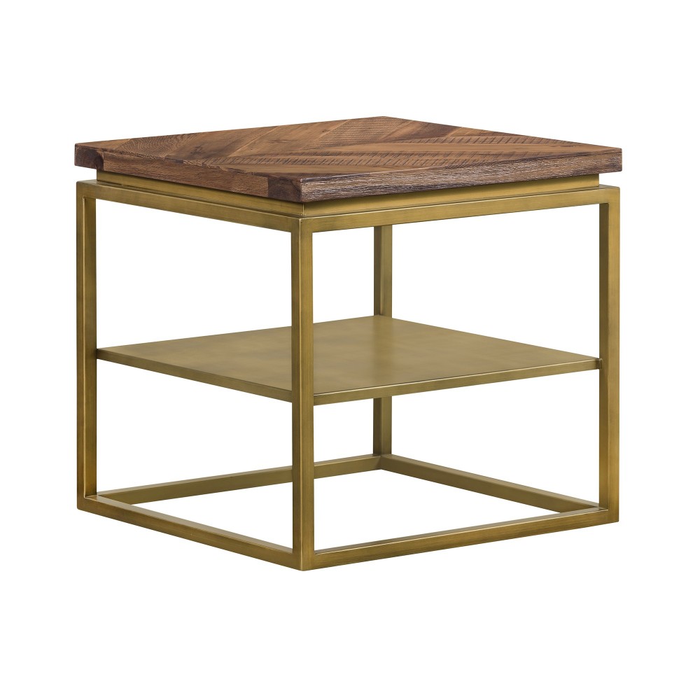 Faye Rustic Brown Wood Side table with Shelf and Antique Brass Base