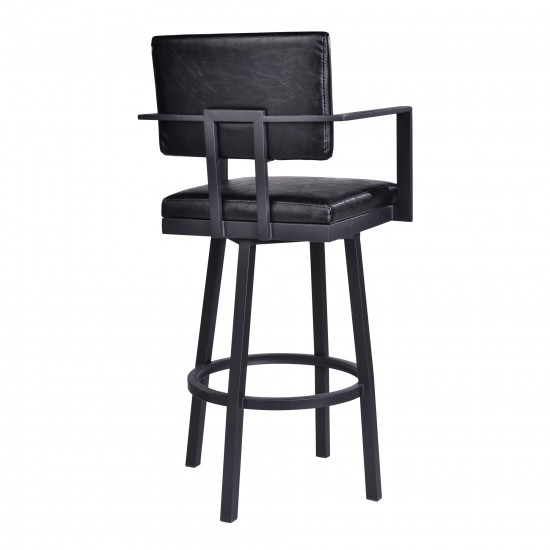 Balboa 30" Bar Height Swivel Black Faux Leather and Metal Bar Stool w/ Arms