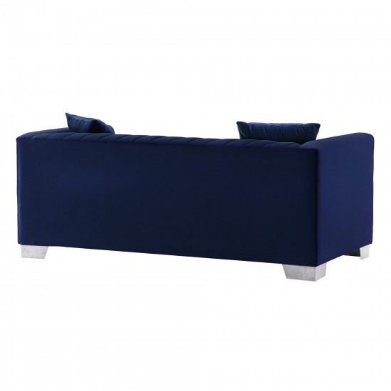 Cambridge Contemporary Loveseat in Brushed Stainless Steel and Blue Velvet