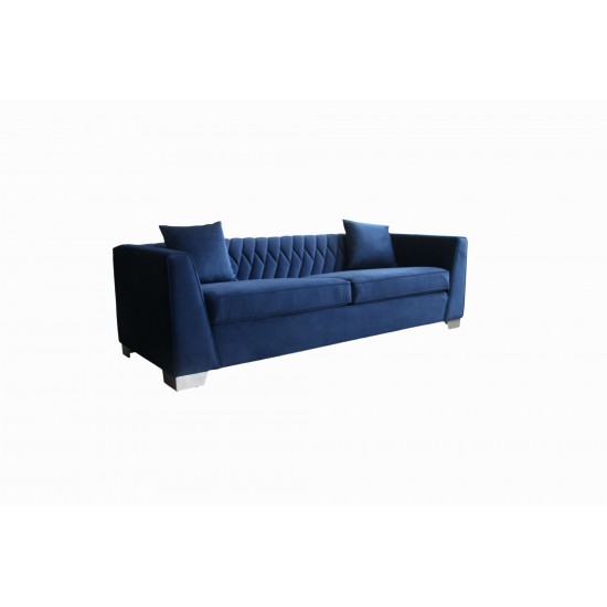 Cambridge Contemporary Sofa in Brushed Stainless Steel and Blue Velvet