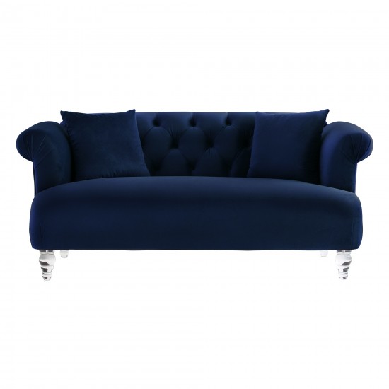 Elegance Contemporary Loveseat in Blue Velvet with Acrylic Legs