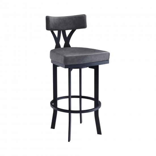 Natalie 30" Bar Height Grey Faux Leather Upholstery and Black Metal Bar Stool