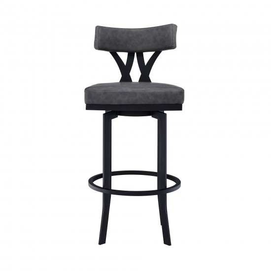 Natalie 30" Bar Height Grey Faux Leather Upholstery and Black Metal Bar Stool