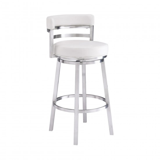 Madrid 30" Bar Height Swivel White Faux Leather Bar Stool