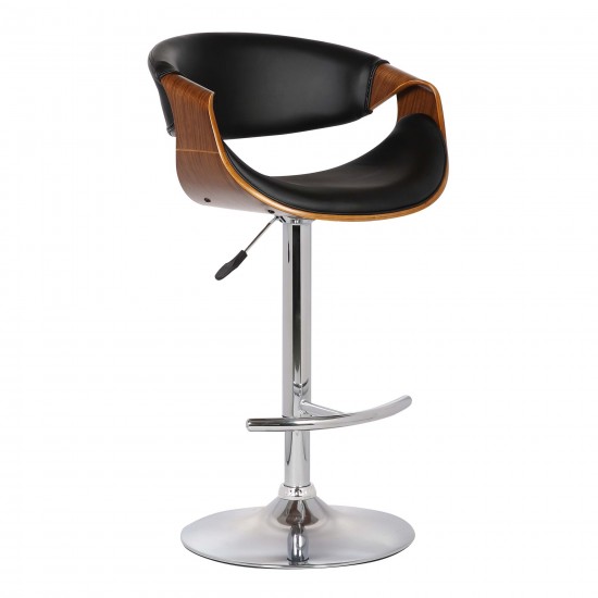 Butterfly Adjustable Height Swivel Black Faux Leather and Walnut Wood Bar Stool