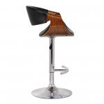 Butterfly Adjustable Height Swivel Black Faux Leather and Walnut Wood Bar Stool