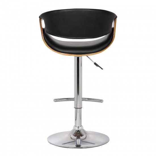 Butterfly Adjustable Height Swivel Black Faux Leather and Walnut Wood Bar Stool