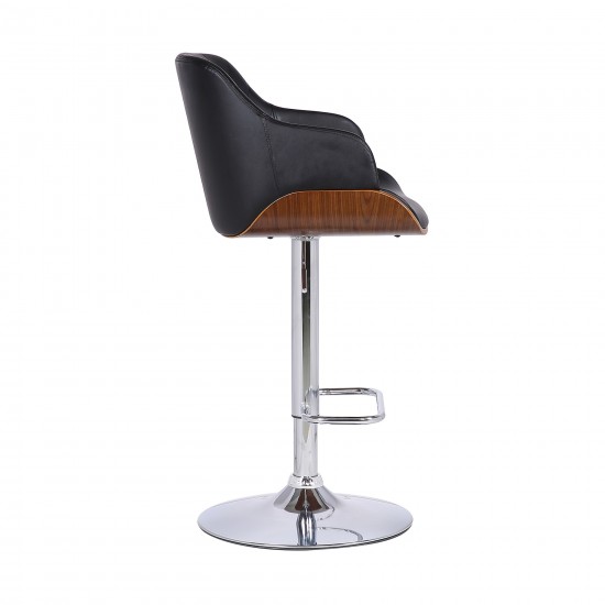 Toby Black Faux Leather Adjustable Height Swivel Walnut Wood & Chrome Bar Stool