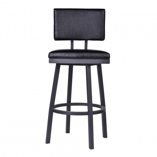 Balboa 30" Bar Height Swivel Vintage Black Faux Leather and Metal Bar Stool