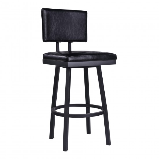 Balboa 26" Counter Height Swivel Vintage Black Faux Leather and Metal Bar Stool