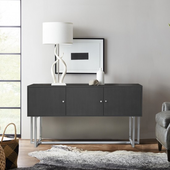 Prague Contemporary Buffet in Brushed Stainless Steel Finish and Gray Wood