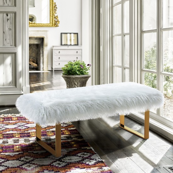 Zinna Contemporary Bench in White Fur and Gold Stainless Steel Finish