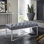 Noel Contemporary Bench in Slate Gray Linen and Brushed Stainless Steel Finish