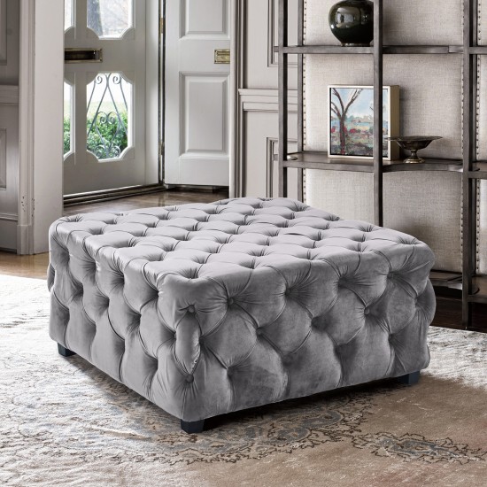 Taurus Contemporary Ottoman in Gray Velvet with Wood Legs