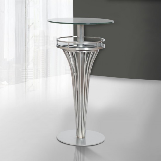 Yukon Contemporary Bar Table In Stainless Steel and Gray Frosted Glass