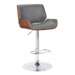 London Grey Faux Leather Adjustable Height Swivel Walnut Wood & Chrome Bar Stool