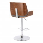 London Grey Faux Leather Adjustable Height Swivel Walnut Wood & Chrome Bar Stool