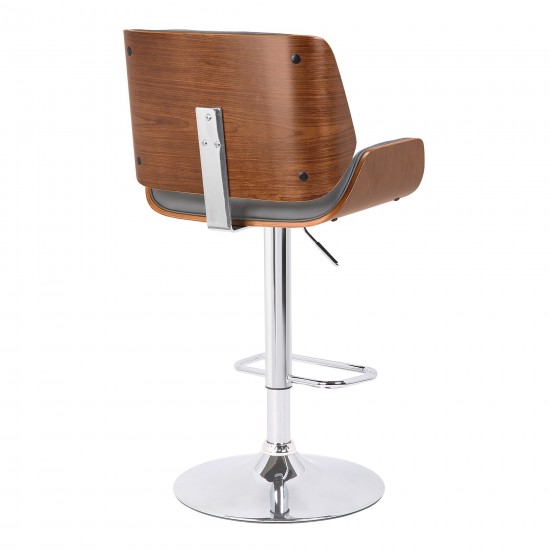 London Grey Faux Leather Adjustable Height Swivel Walnut Wood & Chrome Bar Stool