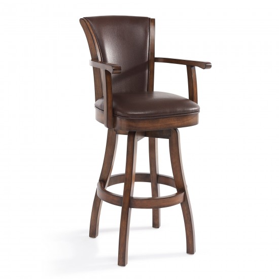 Raleigh 30" Bar Height Swivel Kahlua Faux Leather & Chestnut Wood Arm Bar Stool