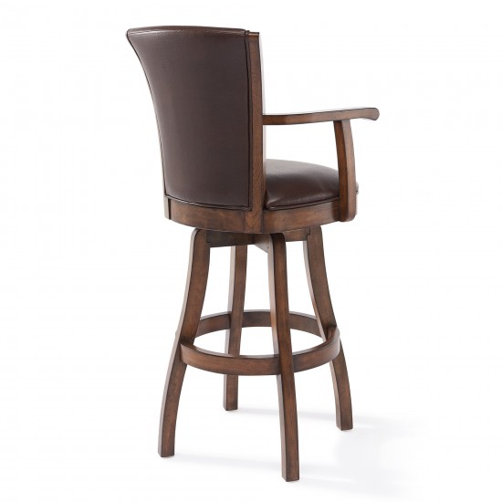 Raleigh 30" Bar Height Swivel Kahlua Faux Leather & Chestnut Wood Arm Bar Stool