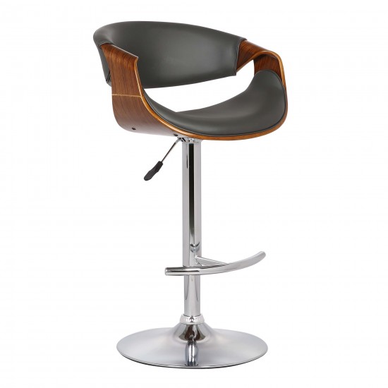 Butterfly Adjustable Height Swivel Grey Faux Leather and Walnut Wood Bar Stool