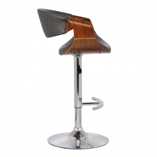 Butterfly Adjustable Height Swivel Grey Faux Leather and Walnut Wood Bar Stool