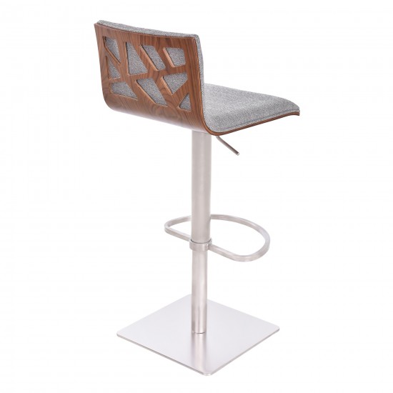 Crystal Adjustable Height Swivel Grey Fabric and Walnut Bar Stool