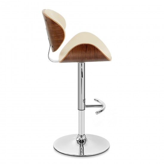 Naples Cream Faux Leather Adjustable Height Swivel Walnut Wood Bar Stool