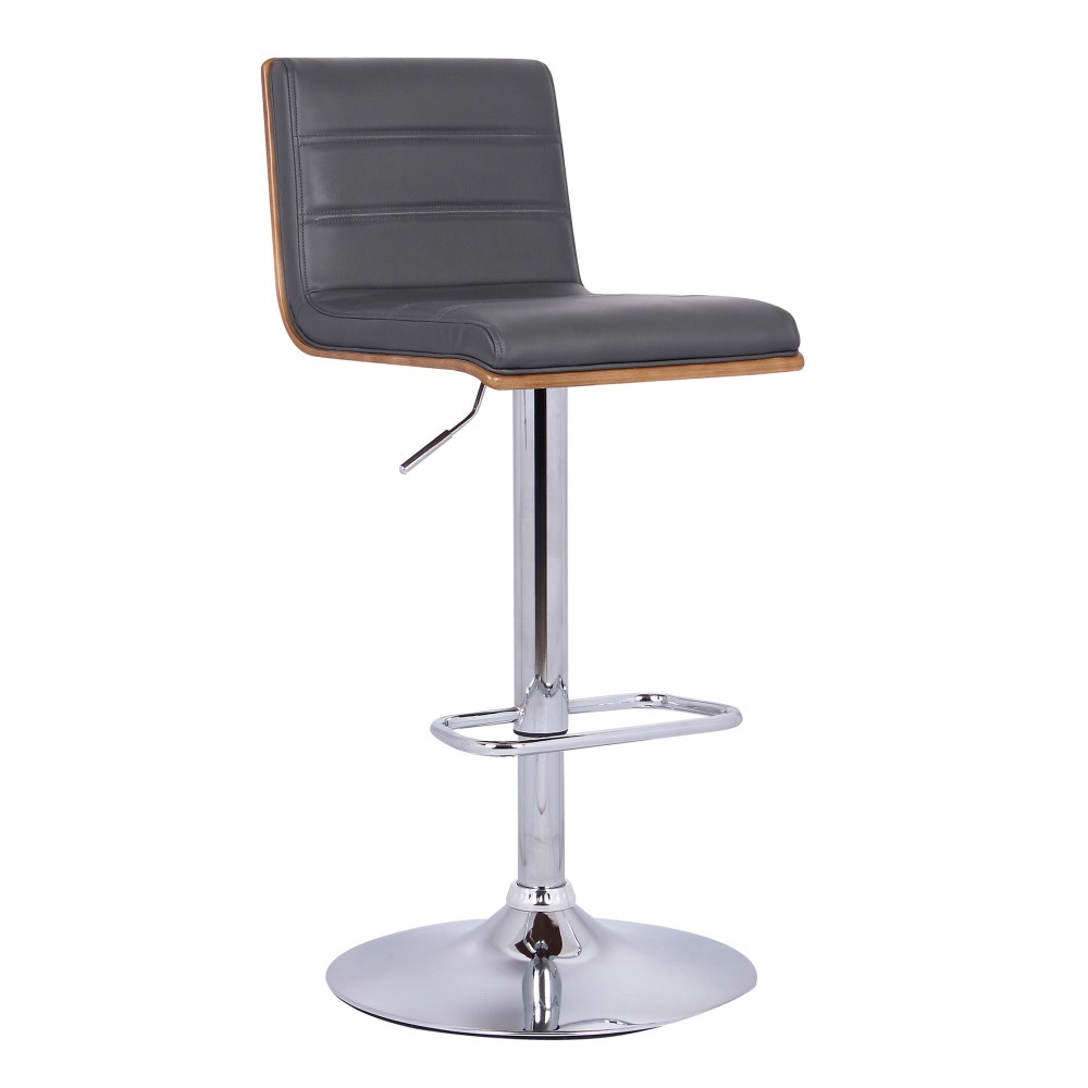 Aubrey Adjustable Height Swivel Grey Faux Leather Bar Stool w/ Walnut Wood