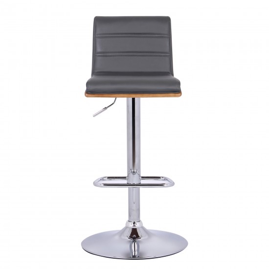 Aubrey Adjustable Height Swivel Grey Faux Leather Bar Stool w/ Walnut Wood