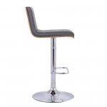 Aubrey Adjustable Height Swivel Grey Faux Leather Bar Stool w/ Walnut Wood