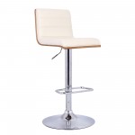 Aubrey Adjustable Height Swivel Cream Faux Leather Bar Stool w/ Walnut Wood