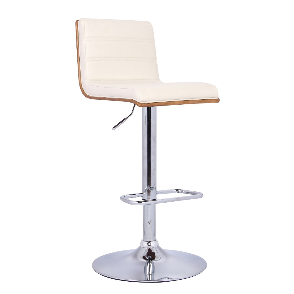 Aubrey Adjustable Height Swivel Cream Faux Leather Bar Stool w/ Walnut Wood