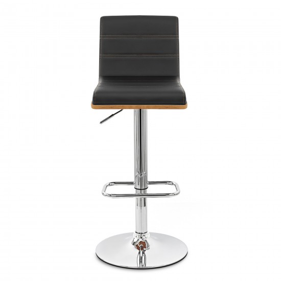 Aubrey Adjustable Height Swivel Black Faux Leather Bar Stool w/ Walnut Wood