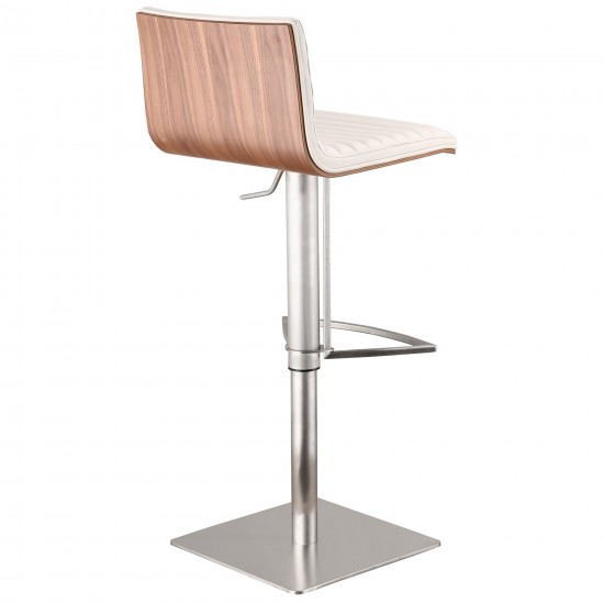 Café Adjustable Height Swivel White Faux Leather and Walnut Bar Stool