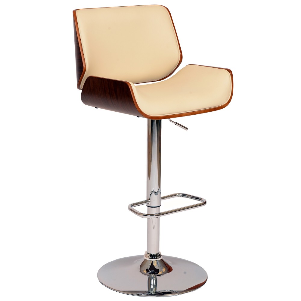 London Cream Faux Leather Adjustable Height Swivel Walnut Wood Bar Stool