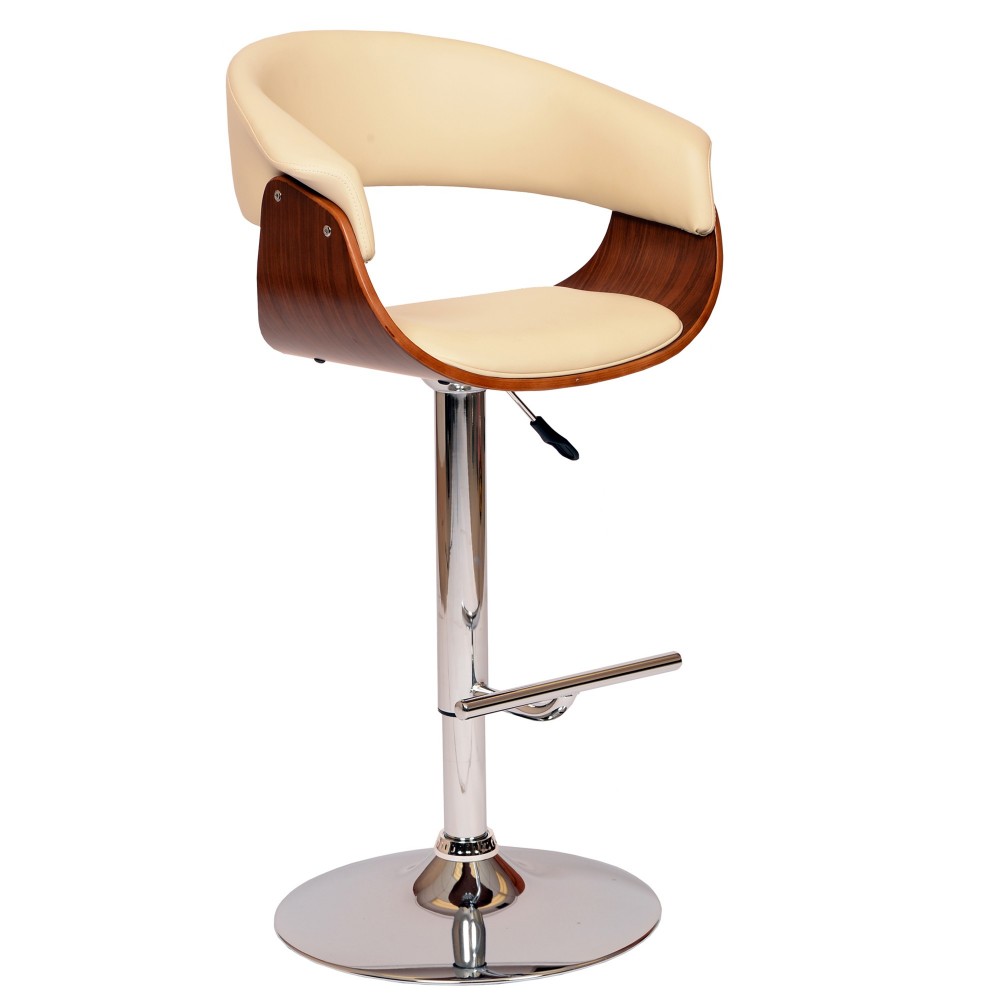 Paris Cream Faux Leather Adjustable Height Swivel Walnut Wood & Chrome Bar Stool