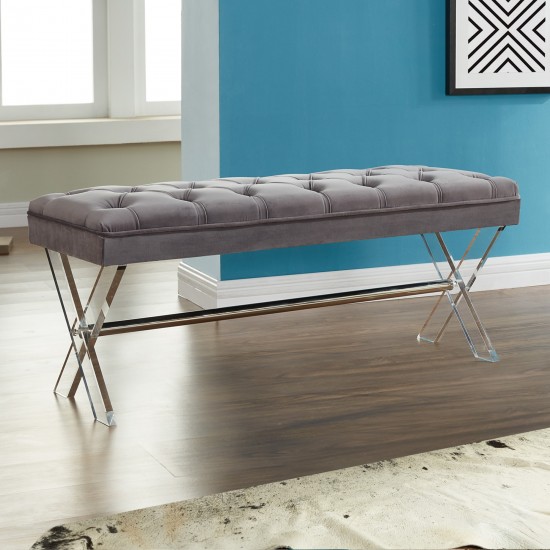 Joanna Ottoman Bench in Gray Tufted Velvet with Crystal Buttons and Acrylic Legs