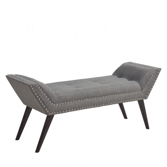 Porter Ottoman Bench in Charcoal Fabric with Nailhead Trim & Espresso Wood Legs