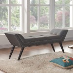 Porter Ottoman Bench in Charcoal Fabric with Nailhead Trim & Espresso Wood Legs