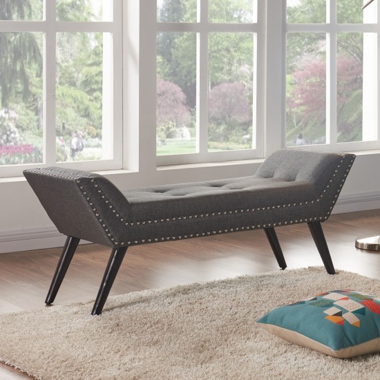 Porter Ottoman Bench in Charcoal Fabric with Nailhead Trim & Espresso Wood Legs