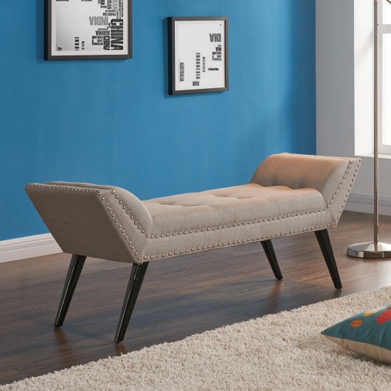 Porter Ottoman Bench in Taupe Fabric with Nailhead Trim and Espresso Wood Legs