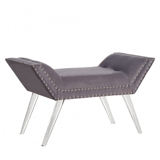 Silas Ottoman Bench in Gray Tufted Velvet with Nailhead Trim and Acrylic Legs