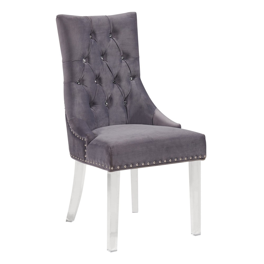 Gobi Modern & Contemporary Tufted Dining Chair in Gray Velvet with Acrylic Legs