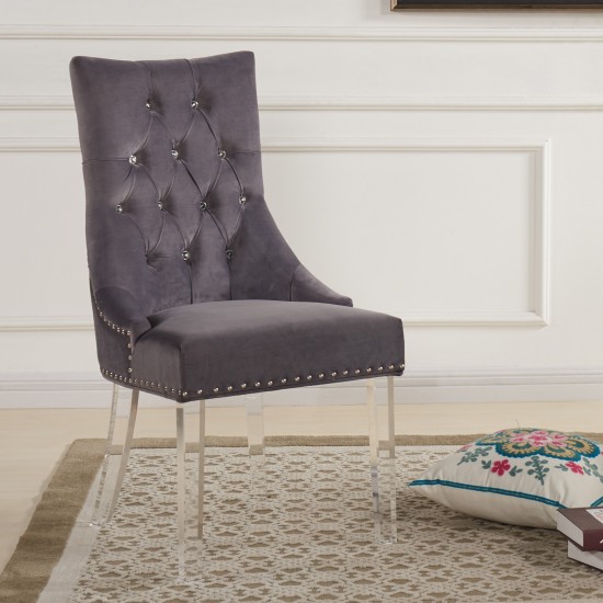 Gobi Modern & Contemporary Tufted Dining Chair in Gray Velvet with Acrylic Legs